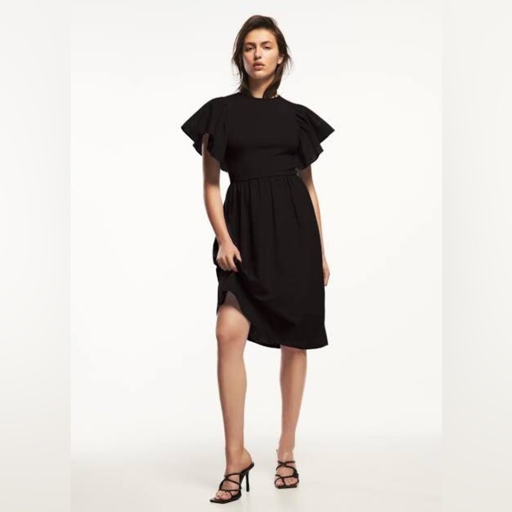 Zara cotton frilled sleeve black summer dress L NWT